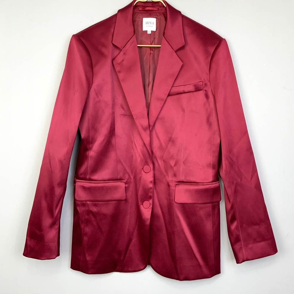 MISA Sz XS Joanne Wine Burgundy Satin Oversized Tuxedo Blazer